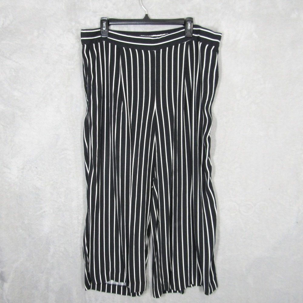 LOFT Women XL Black White Stripe Wide Leg Cropped Palazzo Pants Viscose